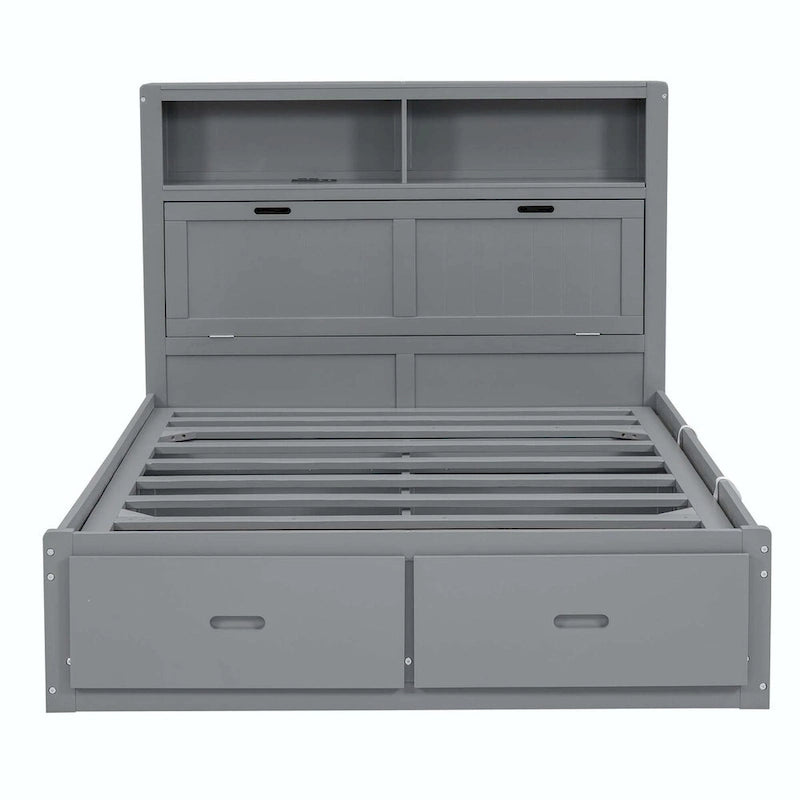 Lit plateforme queen gris/blanc avec tête de lit et rangement LED, 2 personnes