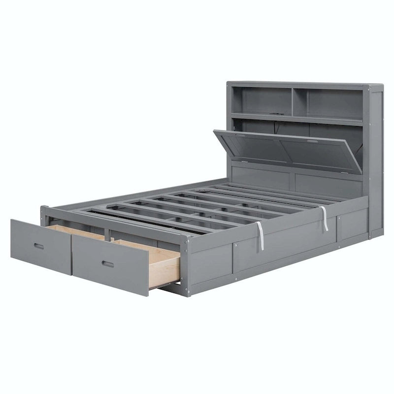 Lit plateforme queen gris/blanc avec tête de lit et rangement LED, 2 personnes