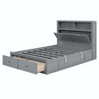 Lit plateforme queen gris/blanc avec tête de lit et rangement LED, 2 personnes