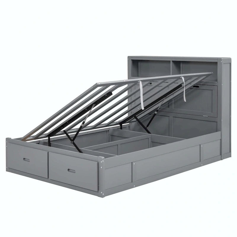 Lit plateforme queen gris/blanc avec tête de lit et rangement LED, 2 personnes