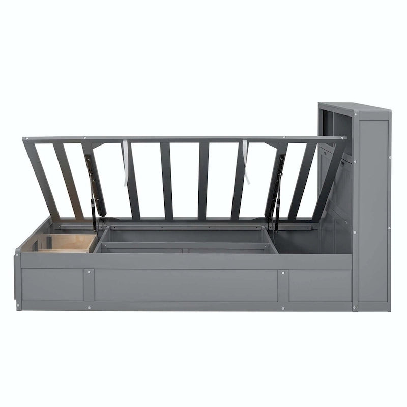 Lit plateforme queen gris/blanc avec tête de lit et rangement LED, 2 personnes
