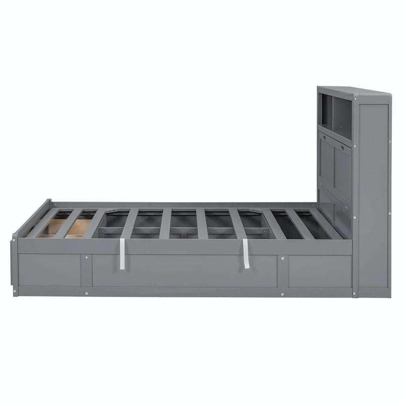 Lit plateforme queen gris/blanc avec tête de lit et rangement LED, 2 personnes