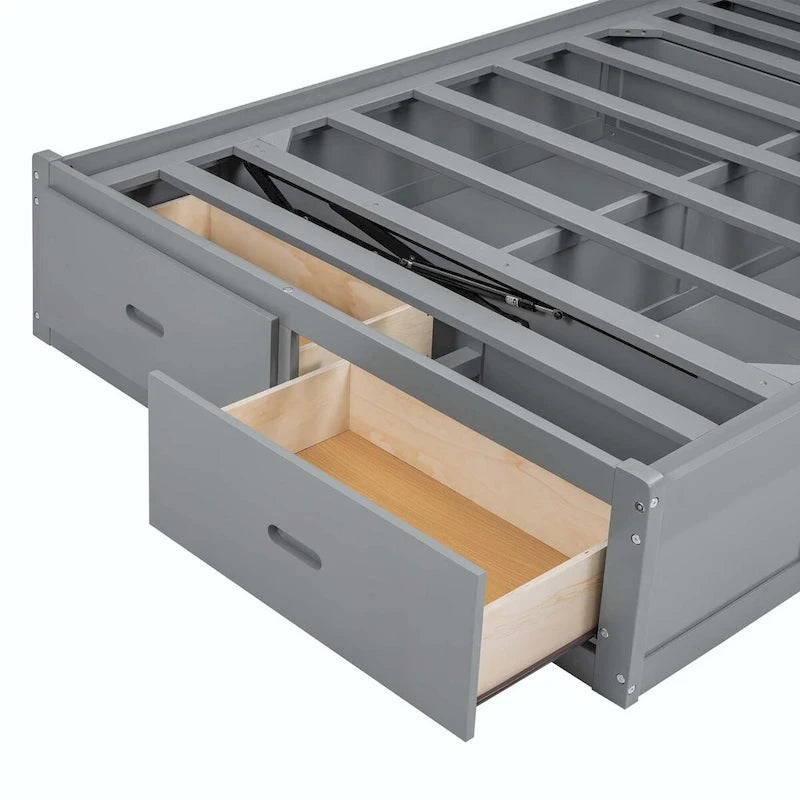 Lit plateforme queen gris/blanc avec tête de lit et rangement LED, 2 personnes