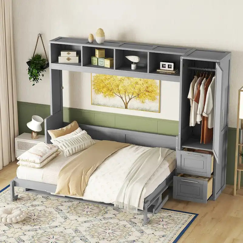Lit mural escamotable Queen gris/blanc avec placard et 2 tiroirs, 1 personne