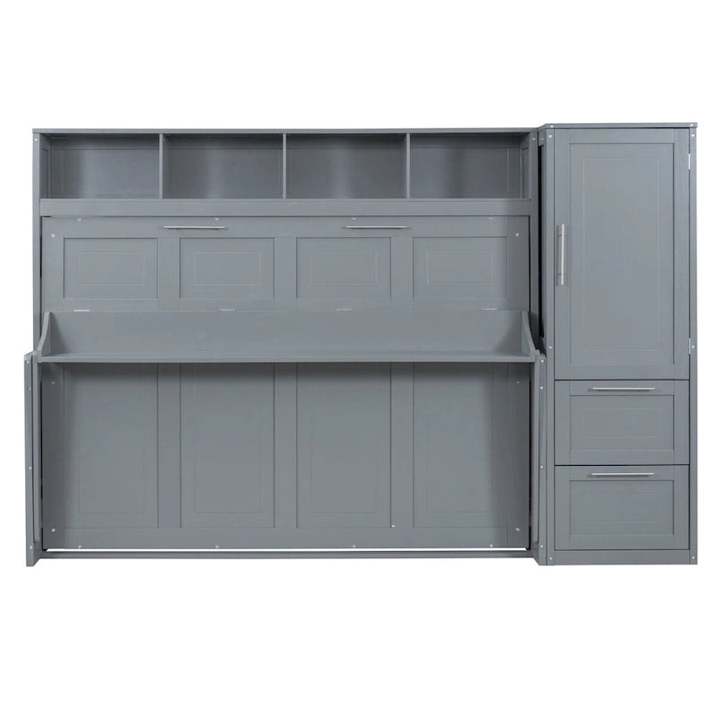 Lit mural escamotable Queen gris/blanc avec placard et 2 tiroirs, 1 personne