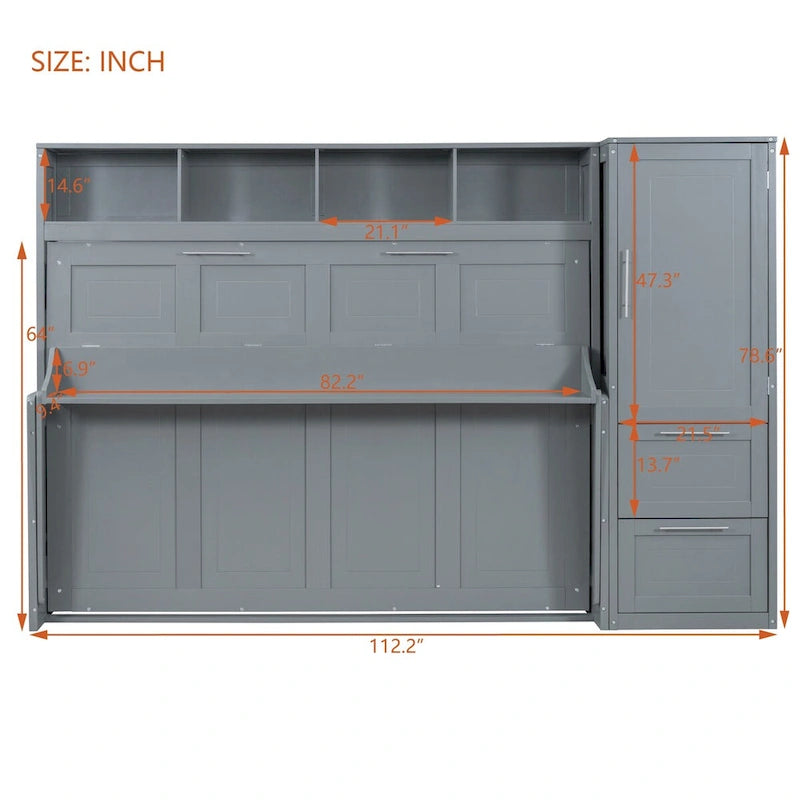 Lit mural escamotable Queen gris/blanc avec placard et 2 tiroirs, 1 personne