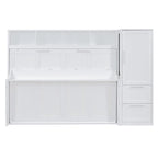 Lit mural escamotable Queen gris/blanc avec placard et 2 tiroirs, 1 personne