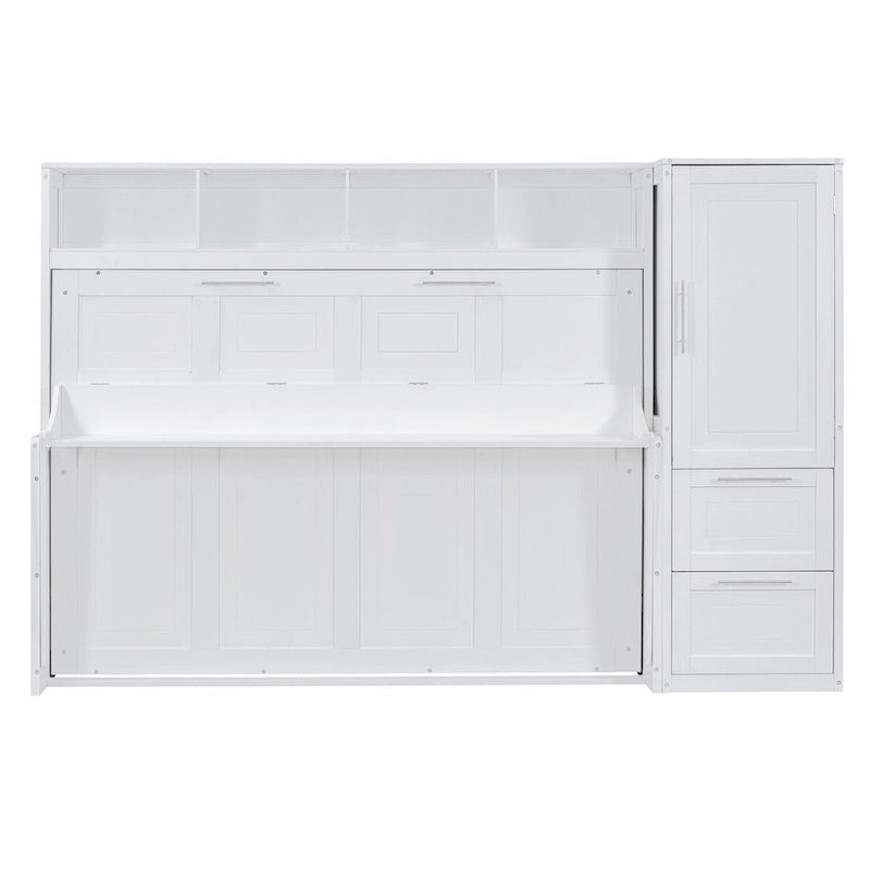 Lit mural escamotable Queen gris/blanc avec placard et 2 tiroirs, 1 personne