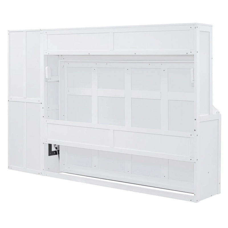 Lit mural escamotable Queen gris/blanc avec placard et 2 tiroirs, 1 personne