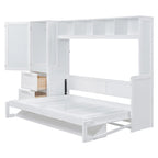 Lit mural escamotable Queen gris/blanc avec placard et 2 tiroirs, 1 personne