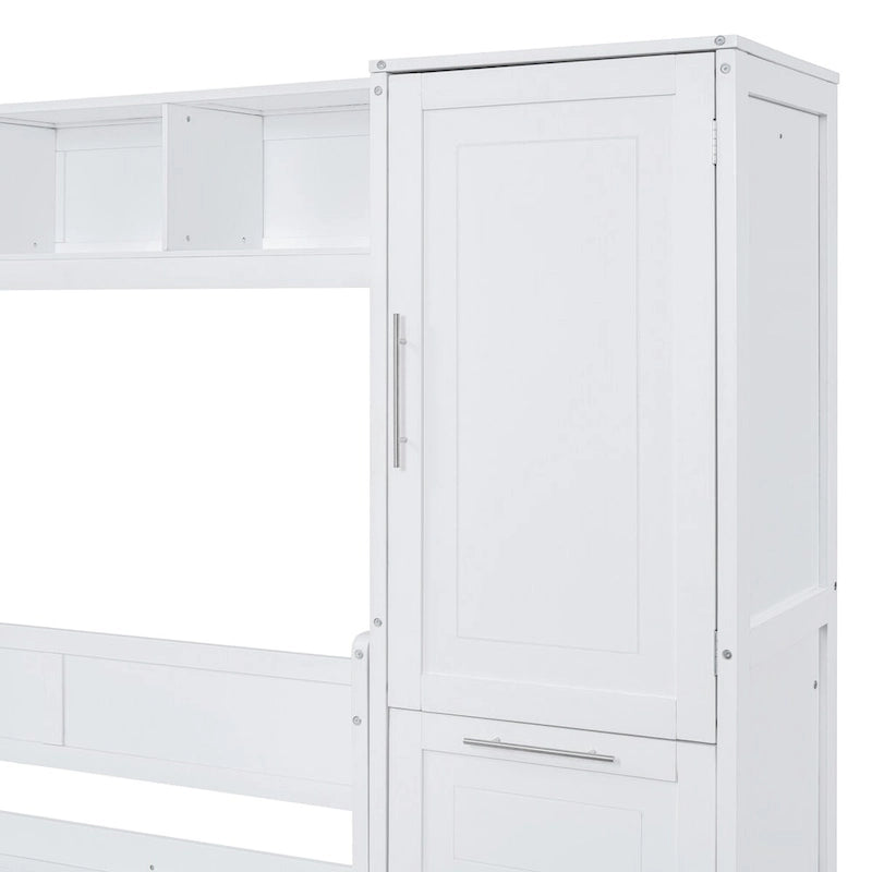 Lit mural escamotable Queen gris/blanc avec placard et 2 tiroirs, 1 personne
