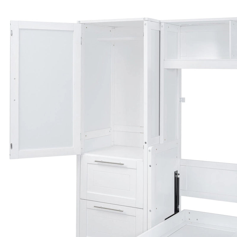 Lit mural escamotable Queen gris/blanc avec placard et 2 tiroirs, 1 personne