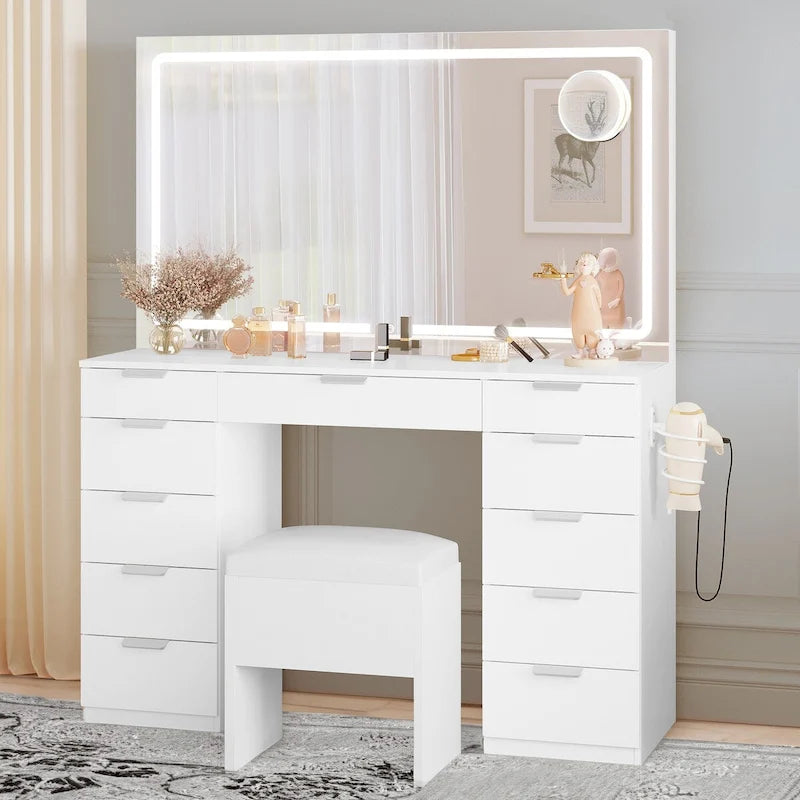Coiffeuse avec miroir LED, 11 tiroirs – Blanc/Noir, 1 personne