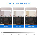 Coiffeuse avec miroir LED, 11 tiroirs – Blanc/Noir, 1 personne