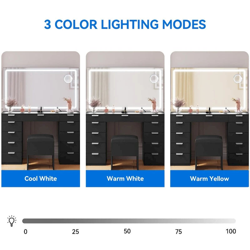 Coiffeuse avec miroir LED, 11 tiroirs – Blanc/Noir, 1 personne