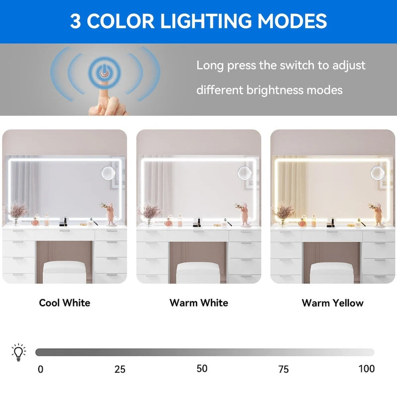 Coiffeuse avec miroir LED, 11 tiroirs – Blanc/Noir, 1 personne