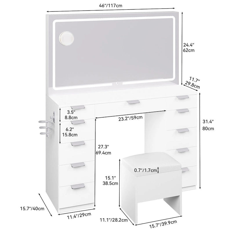 Coiffeuse avec miroir LED, 11 tiroirs – Blanc/Noir, 1 personne