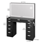 Coiffeuse avec miroir LED, 11 tiroirs – Blanc/Noir, 1 personne