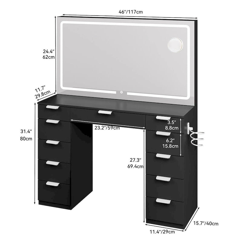 Coiffeuse avec miroir LED, 11 tiroirs – Blanc/Noir, 1 personne