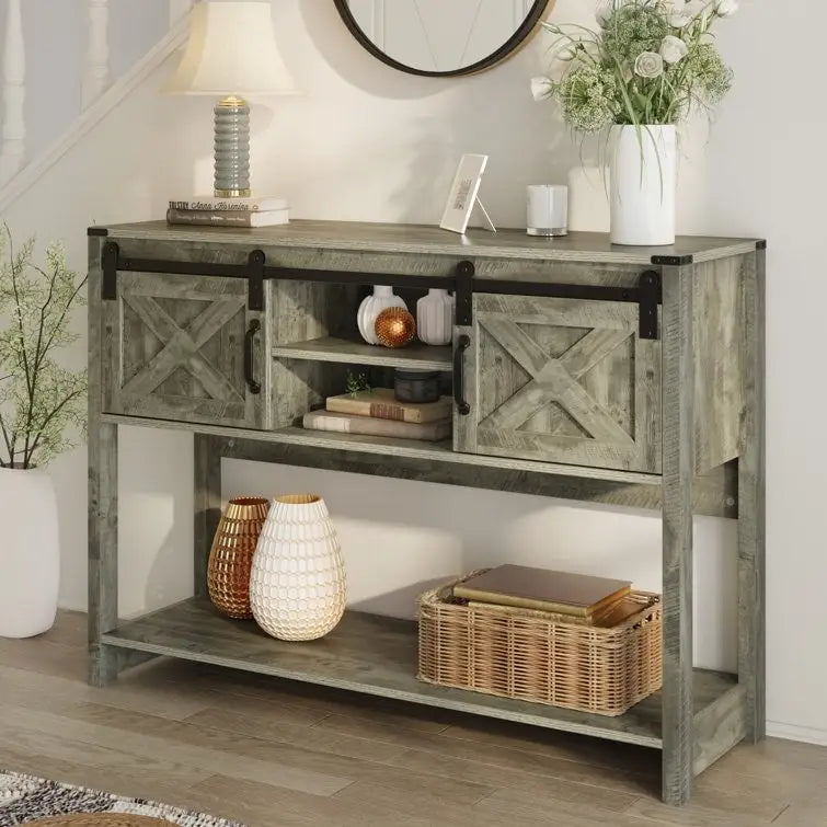 Table console 46" avec portes coulissantes façon grange – Vert / Ivoire / Blanc / Gris