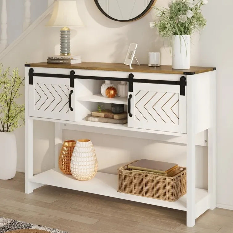 Table console 46" avec portes coulissantes façon grange – Vert / Ivoire / Blanc / Gris