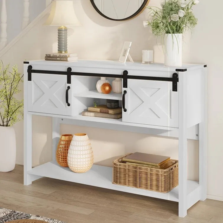 Table console 46" avec portes coulissantes façon grange – Vert / Ivoire / Blanc / Gris