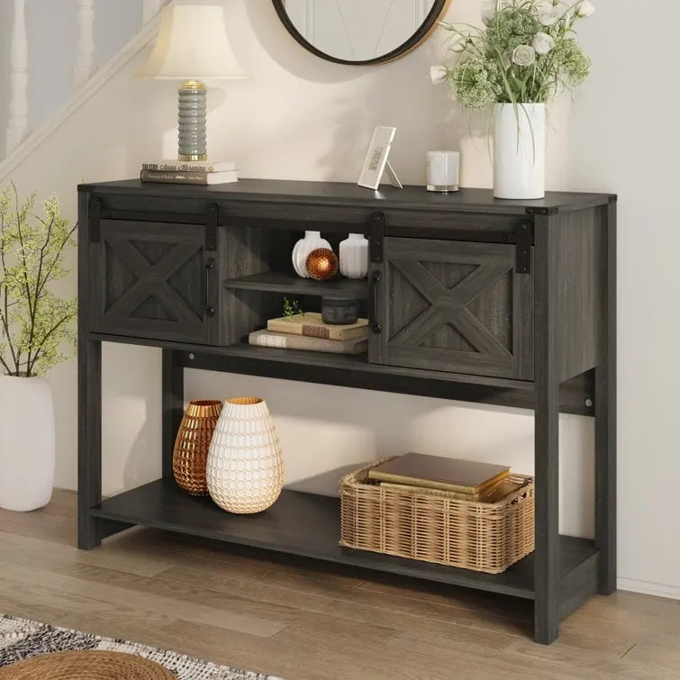 Table console 46" avec portes coulissantes façon grange – Vert / Ivoire / Blanc / Gris