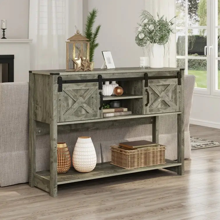 Table console 46" avec portes coulissantes façon grange – Vert / Ivoire / Blanc / Gris
