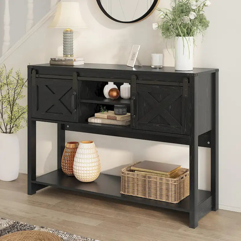 Table console 46" avec portes coulissantes façon grange – Vert / Ivoire / Blanc / Gris