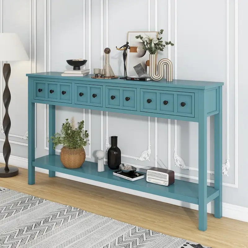Console de 60 po avec 4 tiroirs et tablette, bleu/blanc