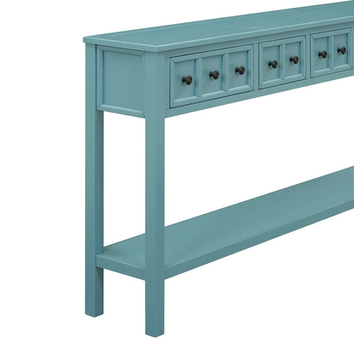 Console de 60 po avec 4 tiroirs et tablette, bleu/blanc