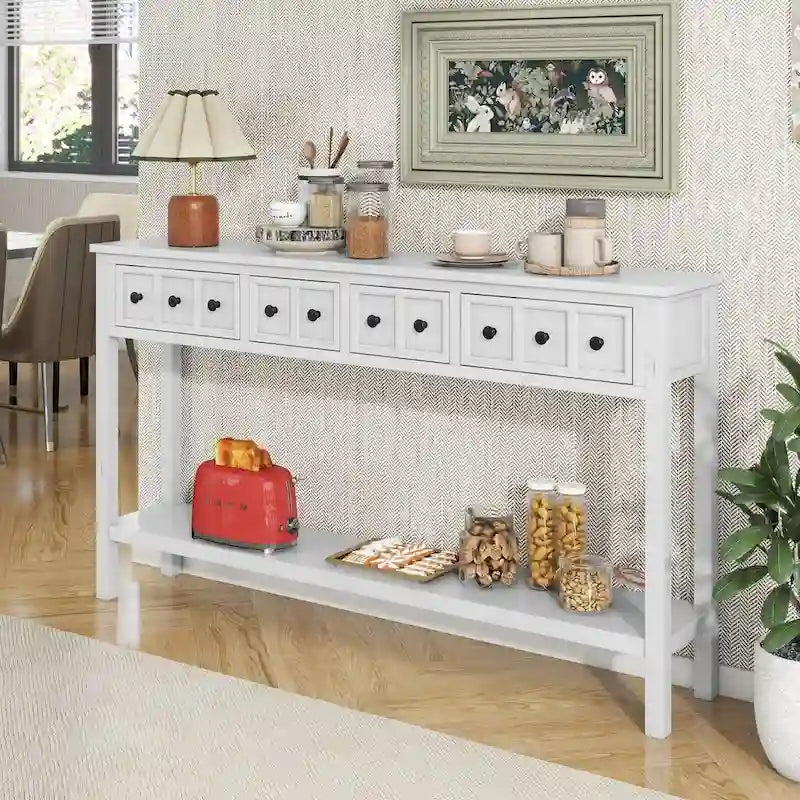 Console de 60 po avec 4 tiroirs et tablette, bleu/blanc