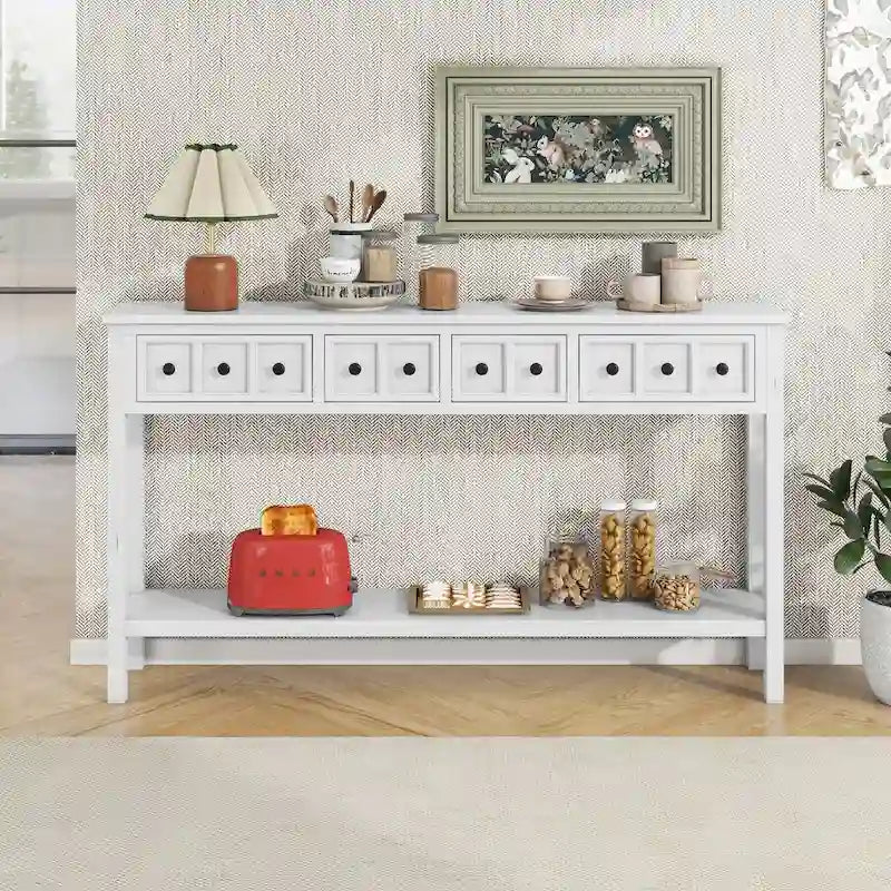 Console de 60 po avec 4 tiroirs et tablette, bleu/blanc