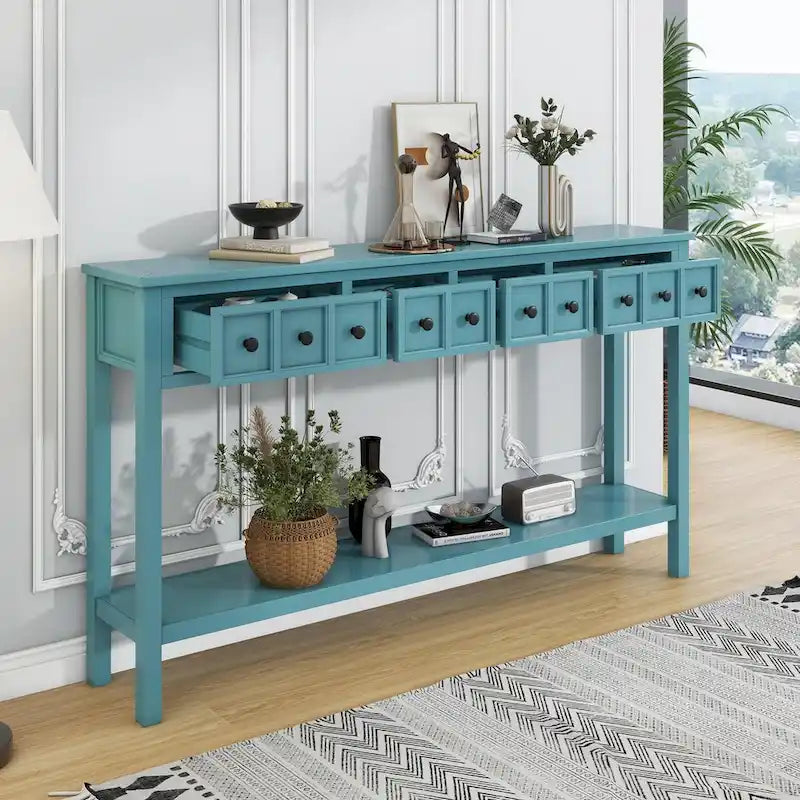 Console de 60 po avec 4 tiroirs et tablette, bleu/blanc