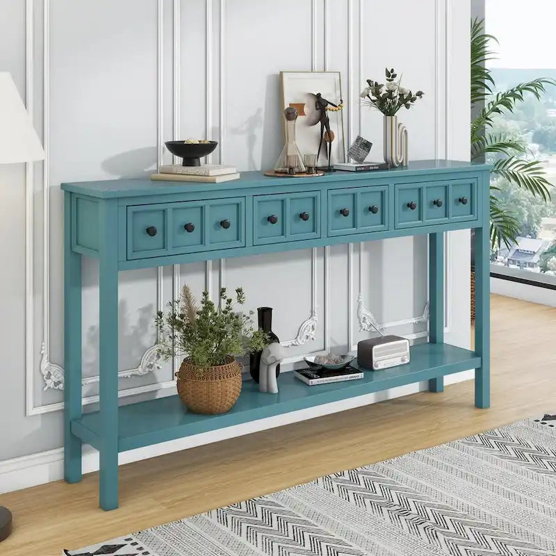 Console de 60 po avec 4 tiroirs et tablette, bleu/blanc