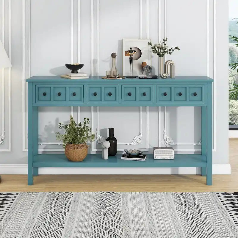 Console de 60 po avec 4 tiroirs et tablette, bleu/blanc