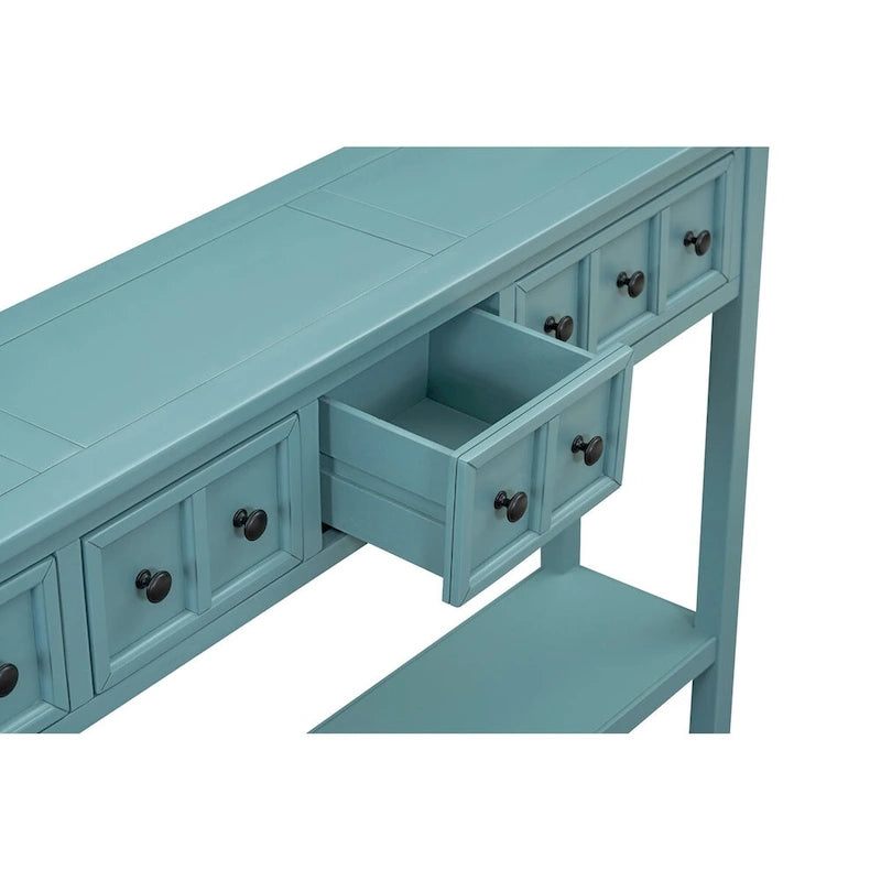 Console de 60 po avec 4 tiroirs et tablette, bleu/blanc