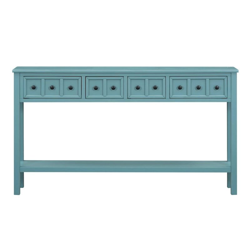 Console de 60 po avec 4 tiroirs et tablette, bleu/blanc
