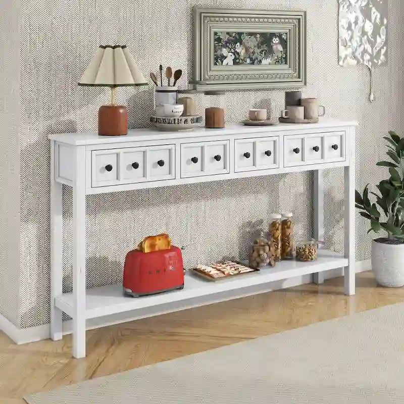 Console de 60 po avec 4 tiroirs et tablette, bleu/blanc