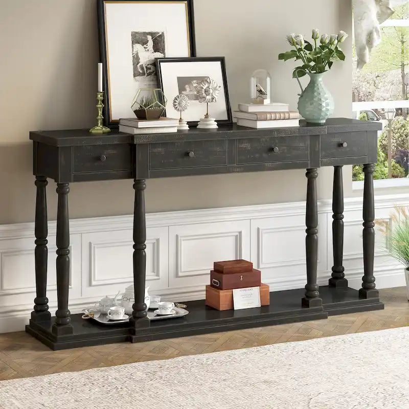 Console 4 tiroirs avec étagère inférieure | Noir vieilli / Bleu marine / Blanc vieilli