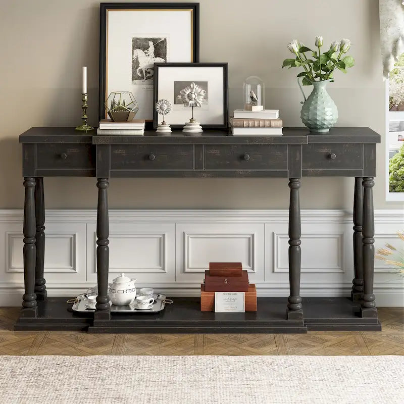 Console 4 tiroirs avec étagère inférieure | Noir vieilli / Bleu marine / Blanc vieilli