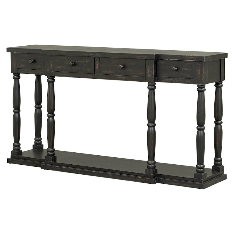 Console 4 tiroirs avec étagère inférieure | Noir vieilli / Bleu marine / Blanc vieilli