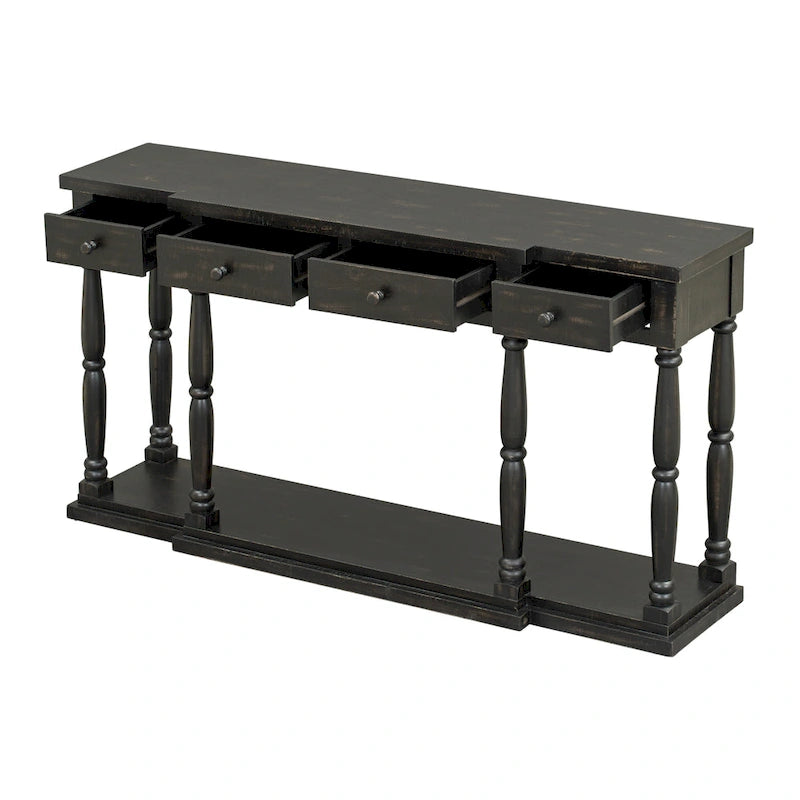 Console 4 tiroirs avec étagère inférieure | Noir vieilli / Bleu marine / Blanc vieilli