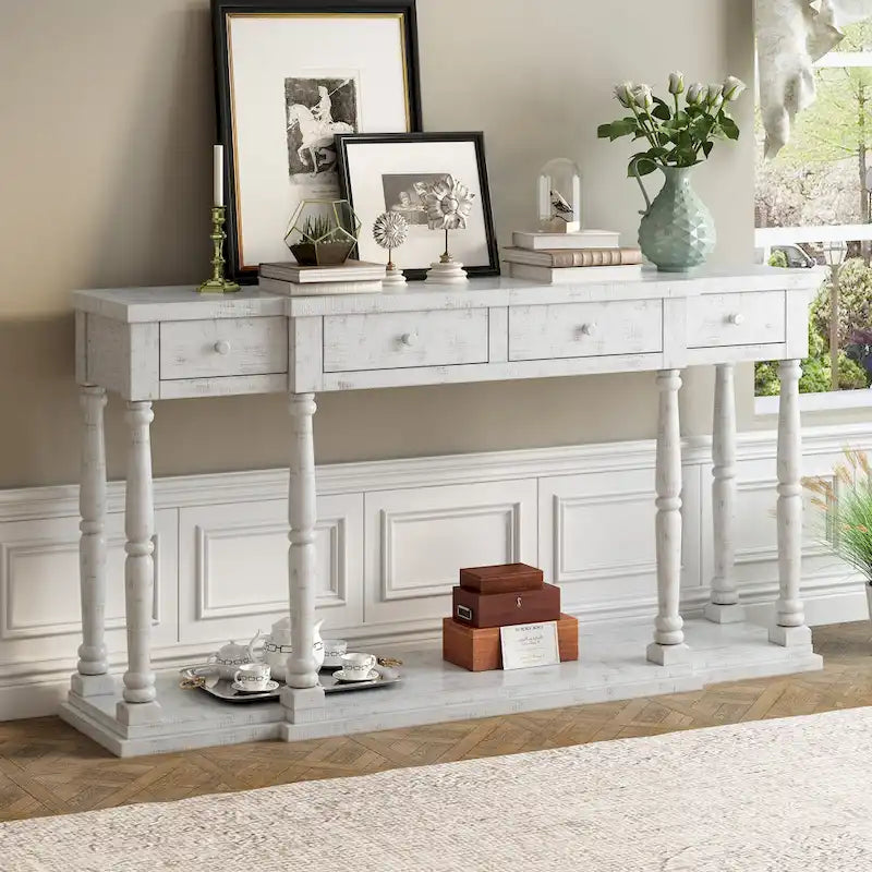Console 4 tiroirs avec étagère inférieure | Noir vieilli / Bleu marine / Blanc vieilli