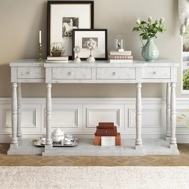 Console 4 tiroirs avec étagère inférieure | Noir vieilli / Bleu marine / Blanc vieilli
