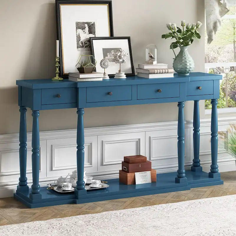 Console 4 tiroirs avec étagère inférieure | Noir vieilli / Bleu marine / Blanc vieilli