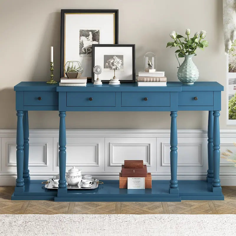 Console 4 tiroirs avec étagère inférieure | Noir vieilli / Bleu marine / Blanc vieilli