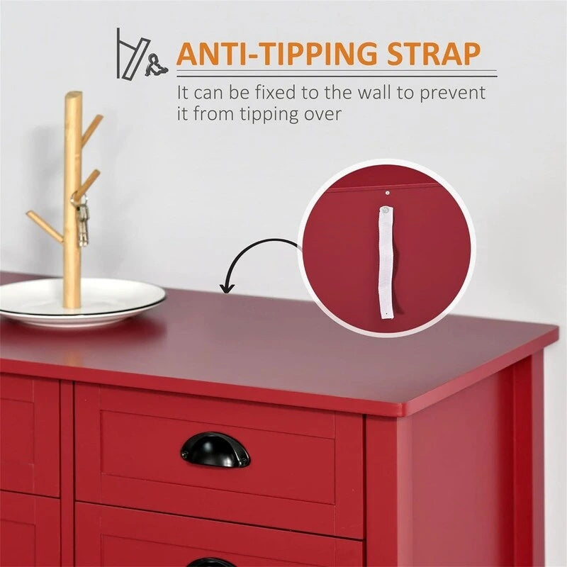 Meuble de rangement 4 tiroirs avec étagère supérieure, blanc/rouge/gris, 1 personne