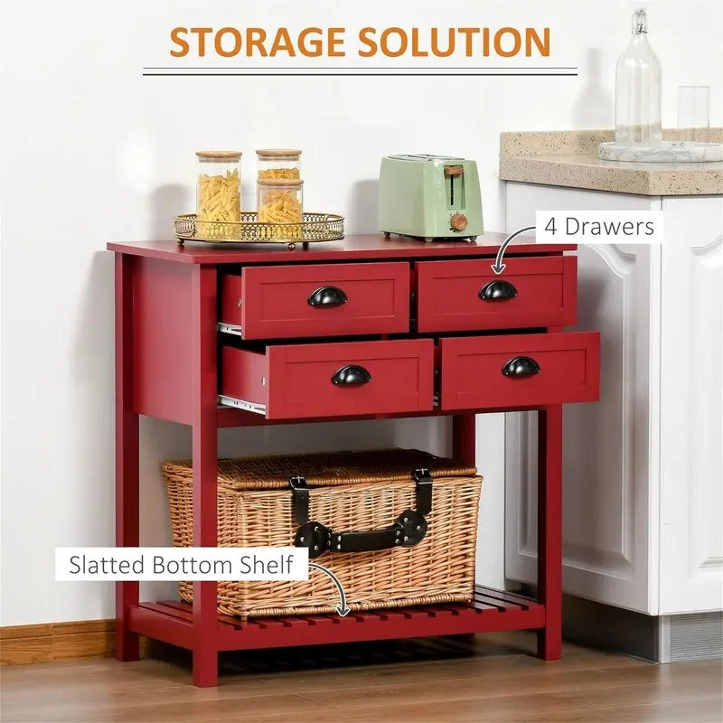 Meuble de rangement 4 tiroirs avec étagère supérieure, blanc/rouge/gris, 1 personne