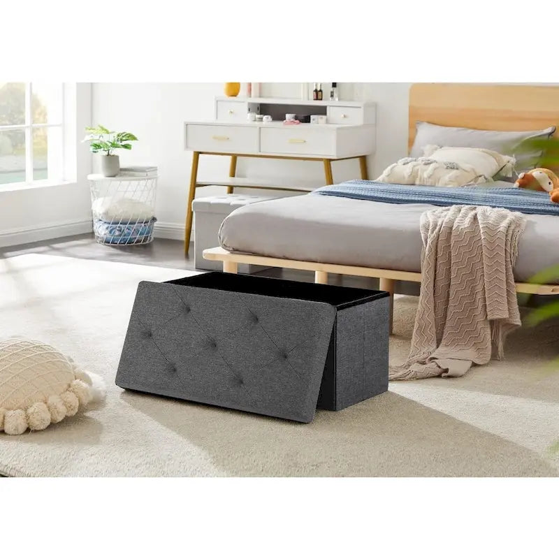 Banc Ottoman de Rangement Capitonnée en Lin Gris, 2 Places, 76 cm